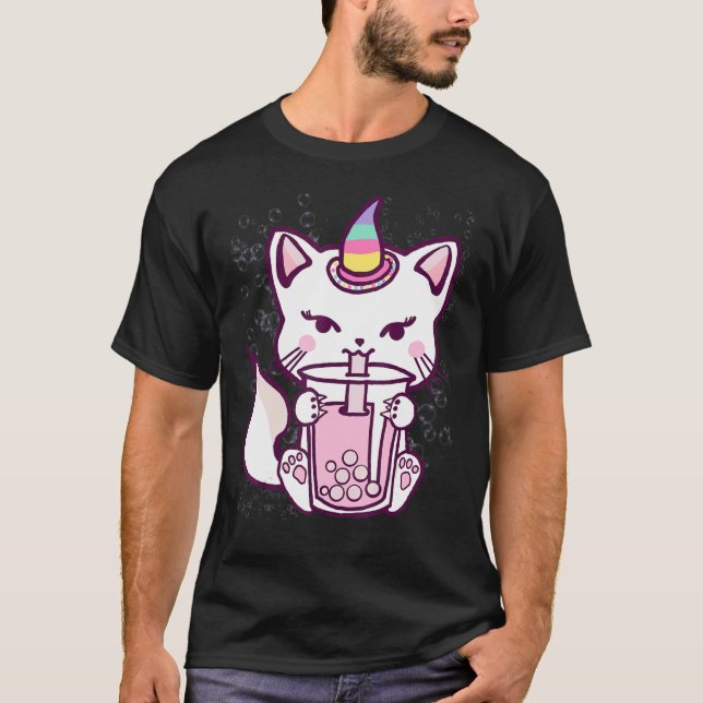 T-shirt Cute Chat Unicorn Boire Bubble Tea Design (Devant)