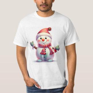 T-shirt Cute Cheerful Snowman Wearing Santa Hat and Scarf