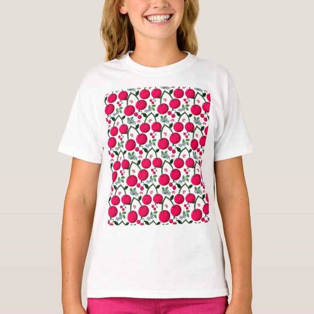 T-shirt Cute Cherry  Pattern, Glossy Kawaii Fruit (Devant)