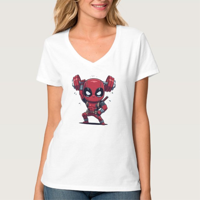 T-shirt Cute Chibi Deadpool levant un haltère | Am (Devant)