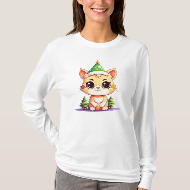 T-shirt Cute Chibi Kawaii Dessin de Noël Kitty Chat (Devant)