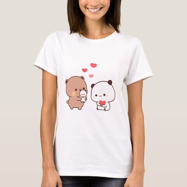 T-shirt Cute chibi panda ours, lait et mocha coeur amour (Devant)