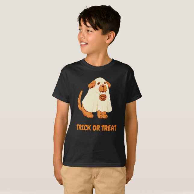 T-shirt Cute chien Ghost tour ou traiter Orange halloween  (Devant entier)