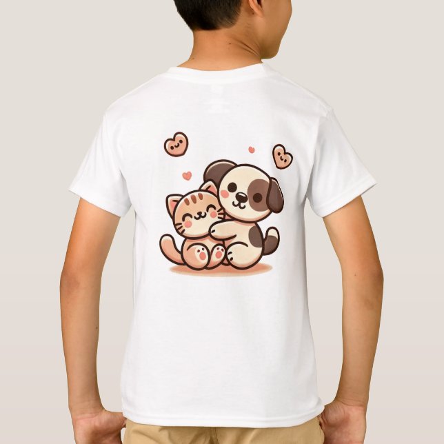 T-shirt Cute Chiot & Kitten Hug - Adorable Design Kawaii (Dos)