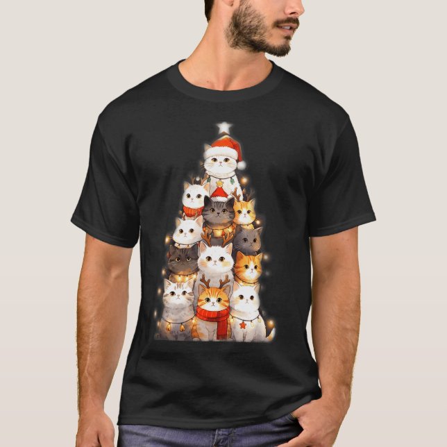 T-shirt Cute Christmas Cats Tree Lights Holiday Kittens Il (Devant)