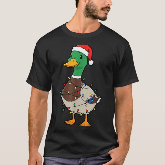 T-shirt Cute Christmas Duck Mallard With Xmas Lights  (Devant)