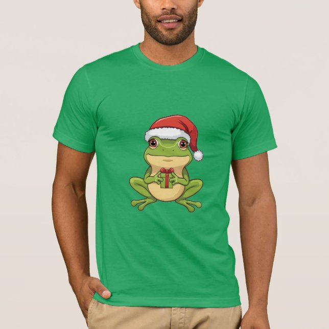 T-shirt Cute Christmas Frog with Santa Hat Holding  Gift - (Devant)