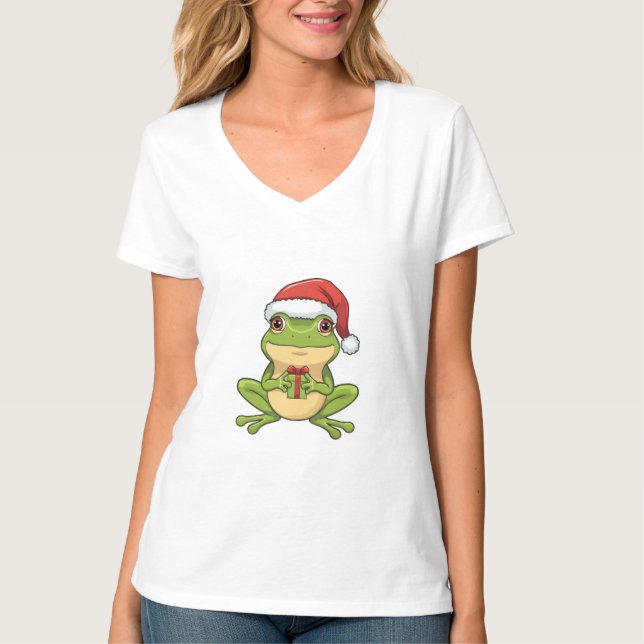 T-shirt Cute Christmas Frog with Santa Hat Holding  Gift - (Devant)