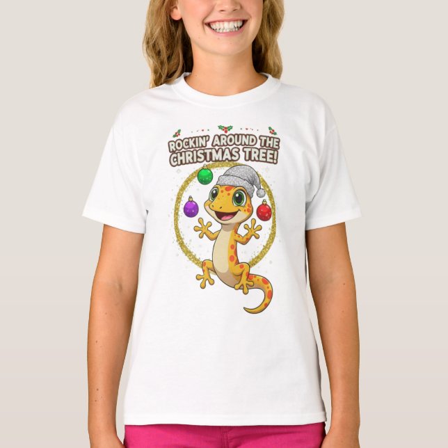 T-shirt Cute Christmas Gecko – Rockin’ Around the Tree Hol (Devant)