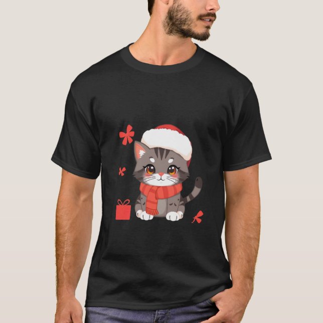T-shirt Cute Christmas Grey Cat Santa Hat Holiday Art ✨🐾 (Devant)