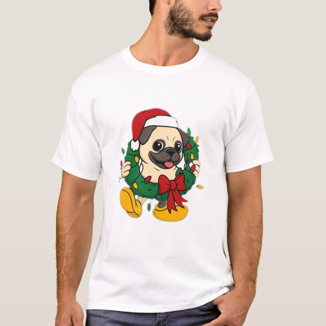 T-shirt Cute Christmas Pug with Festive Wreath (Devant)