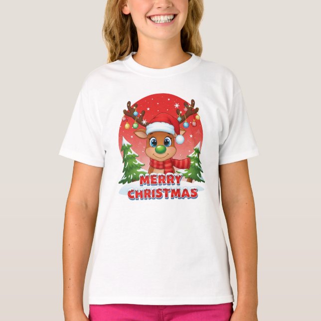T-shirt Cute Christmas Reindeer with Santa Hat Ornaments (Devant)