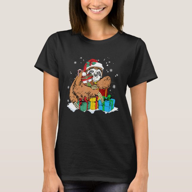 T-shirt Cute Christmas Sloth and Santa Claus Hat (Devant)