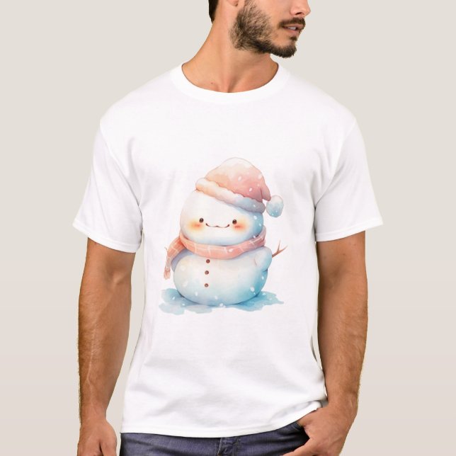 T-shirt Cute Chubby Aquarelle Snowman (Devant)