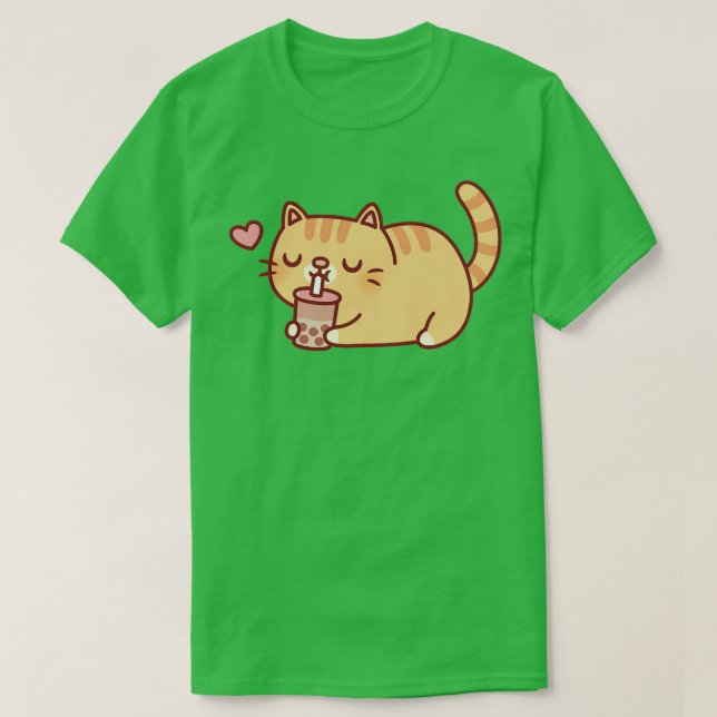 T-shirt Cute Chubby Orange Tabby Chat Aime Boba Tea (Design devant)