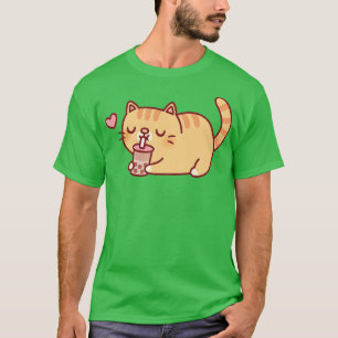 T-shirt Cute Chubby Orange Tabby Chat Aime Boba Tea