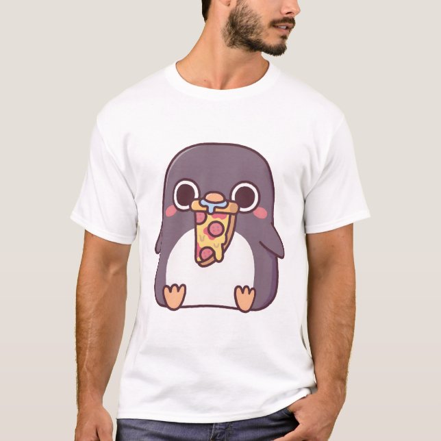 T-shirt Cute Chubby Penguin Avec Pepperoni Pizza Slice (Devant)