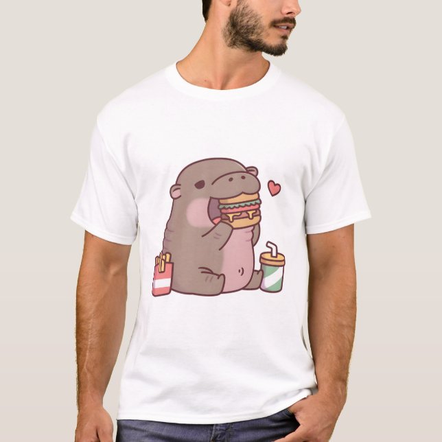 T-shirt Cute Chubby Pygmy Hippo Aime Manger Burger (Devant)
