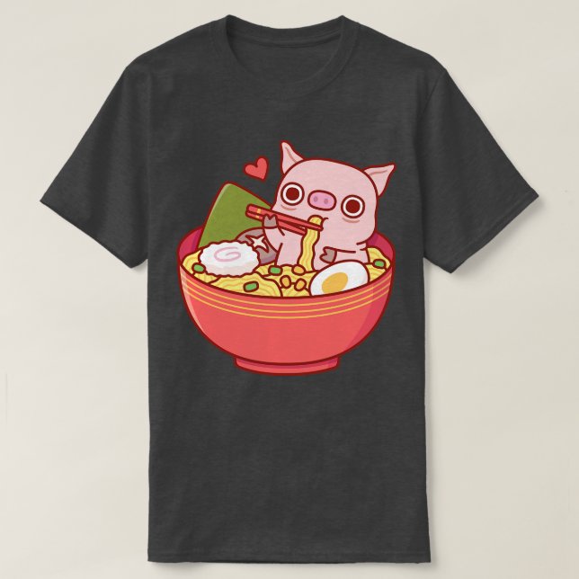 T-shirt Cute Cochon Mange Des Nouilles De Ramen Dans Le Bo (Design devant)