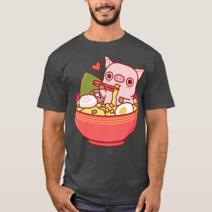 T-shirt Cute Cochon Mange Des Nouilles De Ramen Dans Le Bo