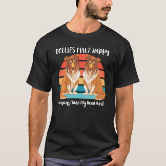 T-shirt Cute Collie Dog Make Me Happy Vintage Retro Sunset
