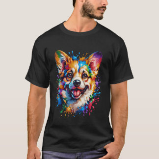 T-shirt Cute Colorful Corgi Art Rainbow Dog Painting Long 