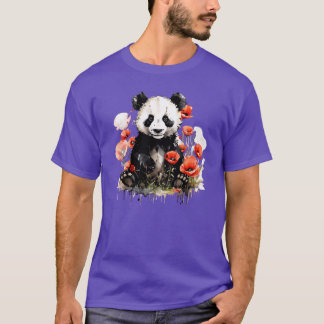 T-shirt Cute Colorful panda in a field of Wild flowers and
