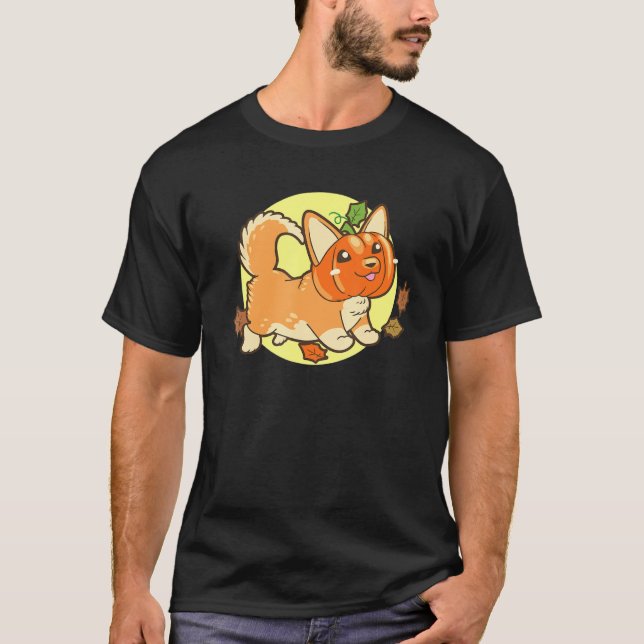 T-shirt Cute Corgi Chien Citrouille Halloween La Nuit Peur (Devant)