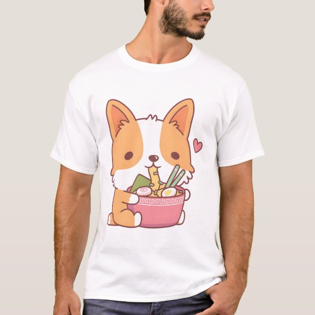T-shirt Cute Corgi Chien Manger Ramen (Devant)