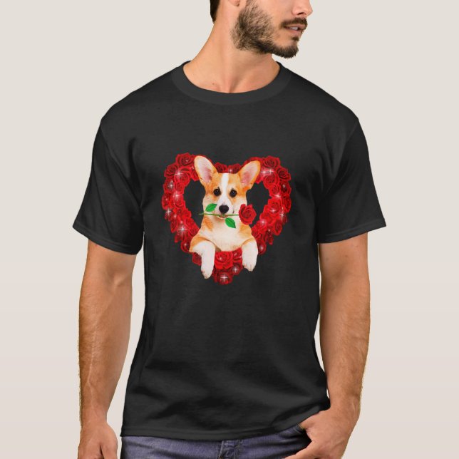 T-shirt Cute Corgi Fleurs de Coeur de Chien Saint Valentin (Devant)