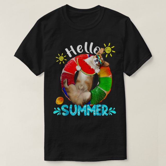 T-shirt Cute Corgi Piscine Manger Watermelon Bonjour S (Design devant)