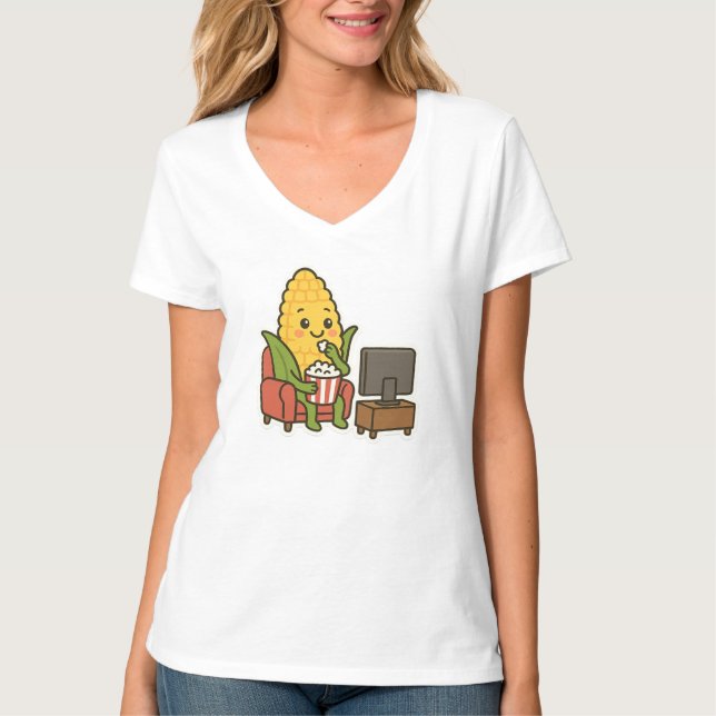 T-shirt Cute Corn Regarder TV avec Popcorn (Devant)