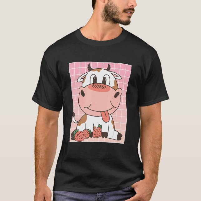 T-shirt Cute Cow Eating Strawberries (Devant)