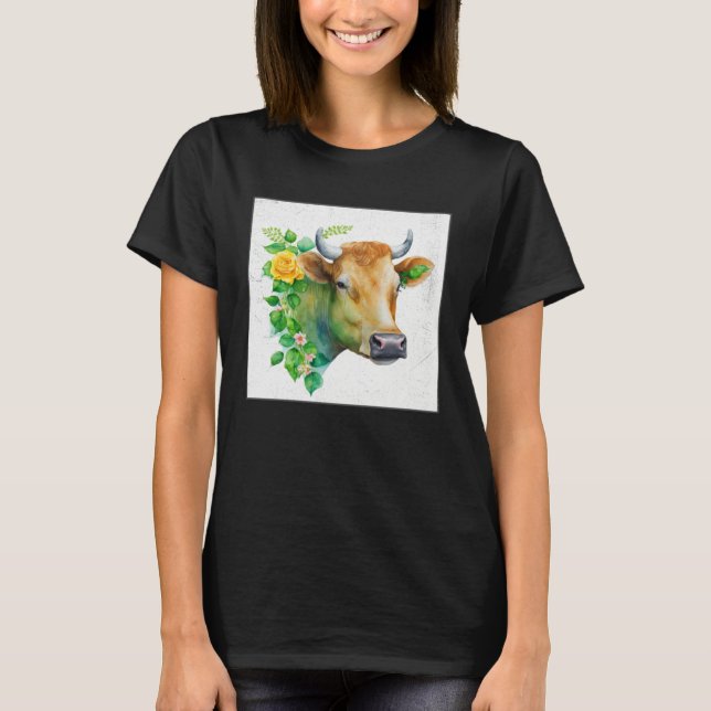 T-shirt Cute Cow Illustration Flowers Laefy Green Women Me (Devant)