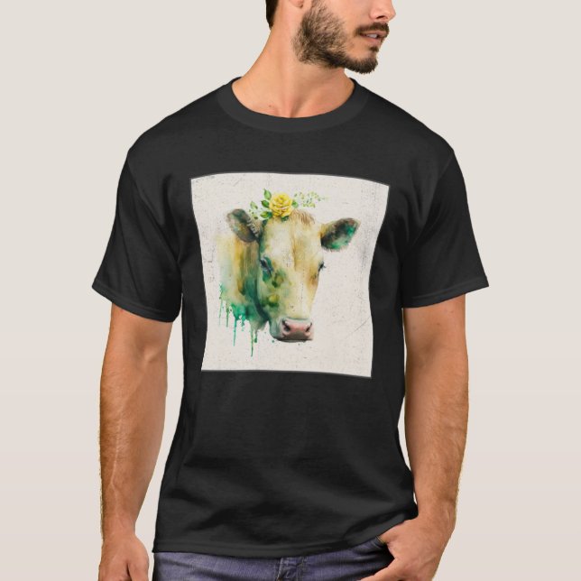 T-shirt Cute Cow Illustration Flowers Laefy Green Women Me (Devant)