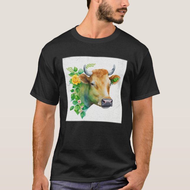 T-shirt Cute Cow Illustration Flowers Laefy Green Women Me (Devant)