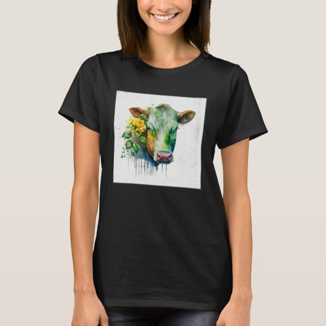 T-shirt Cute Cow Illustration Flowers Laefy Green Women Me (Devant)