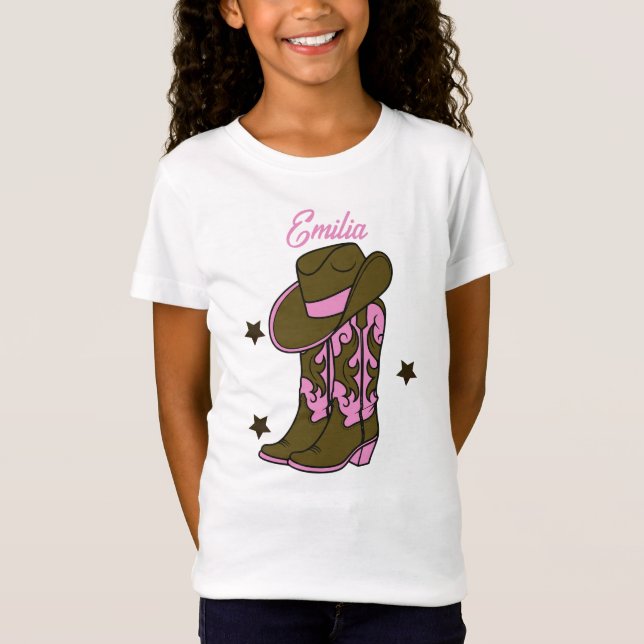 T-Shirt Cute Cowboy Girls Pink Nom Brown (Devant)
