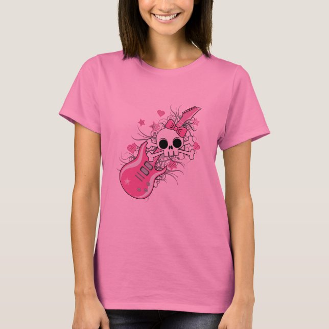 T-shirt Cute crâne avec guitare rose (Devant)