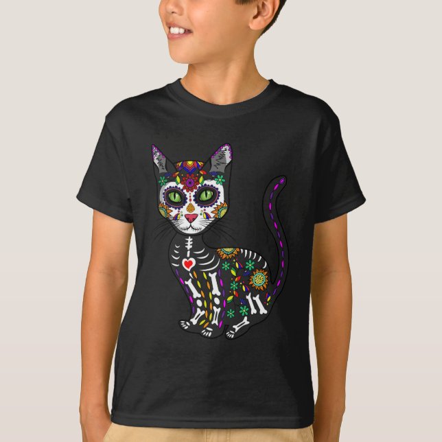T-shirt Cute Crâne Sucre Mexicaine Chat Halloween Jour De (Devant)