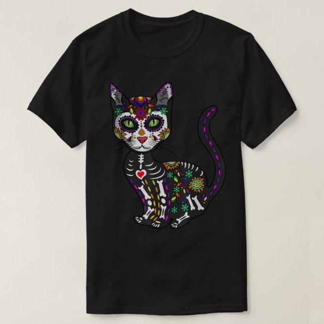 T-shirt Cute Crâne Sucre Mexicaine Chat Halloween Jour De (Design devant)