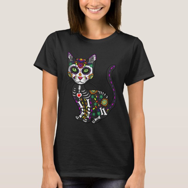 T-shirt Cute Crâne Sucre Mexicaine Chat Halloween Jour De (Devant)