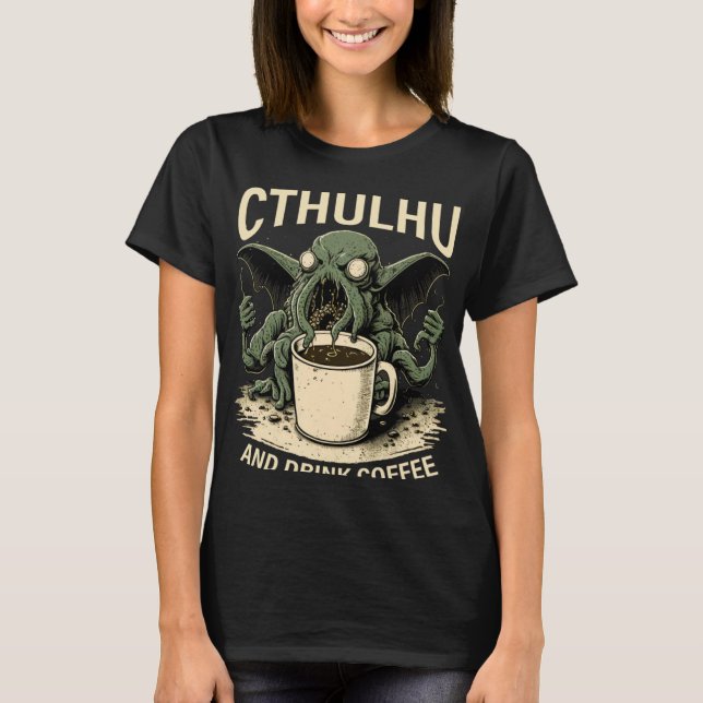 T-shirt Cute Cthulhu et café (Devant)