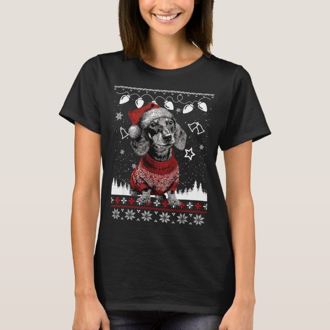 T-shirt Cute Dachshund Christmas Wearing Sweater Funny Xma (Devant)