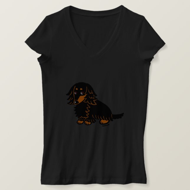 T-shirt Cute Dachshund Noir Et Tan Long Haied (Design devant)