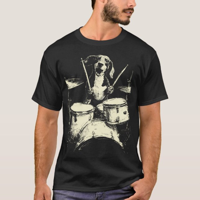 T-shirt Cute Dachshund Playing Drums Funny Music Sausage D (Devant)