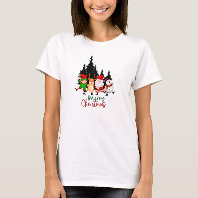 T-shirt Cute Dancing Christmas Squad with Santa, Reindeer (Devant)