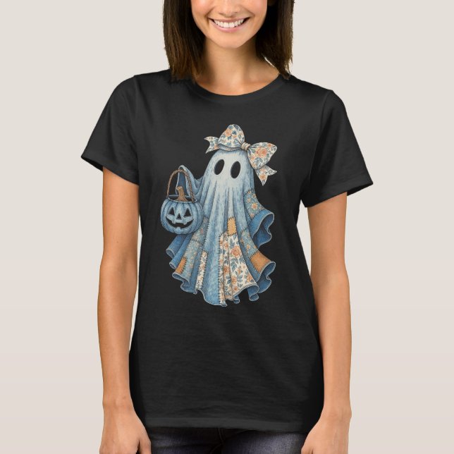 T-shirt Cute Denim Ghost Avec Floral Bow Halloween Aesthet (Devant)