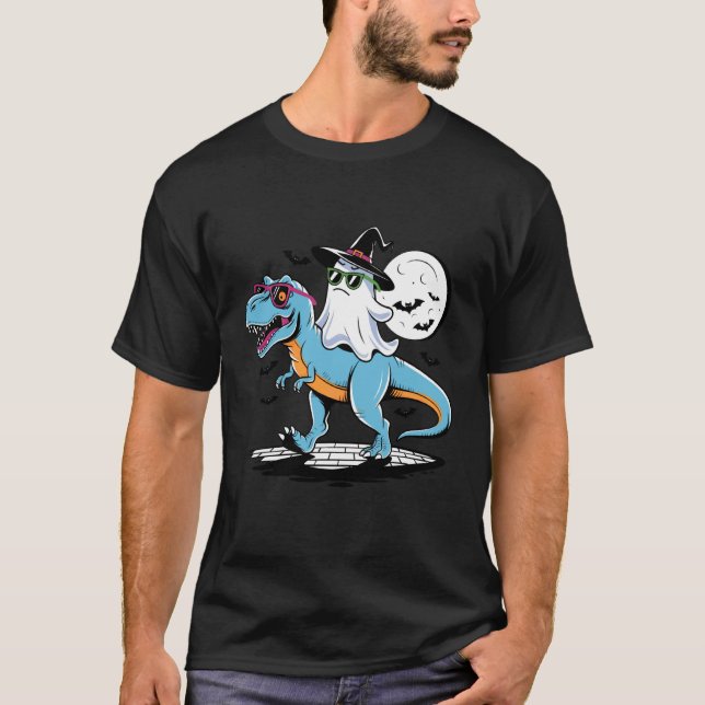T-shirt Cute Dinosaur T rex and Ghost for Halloween (Devant)