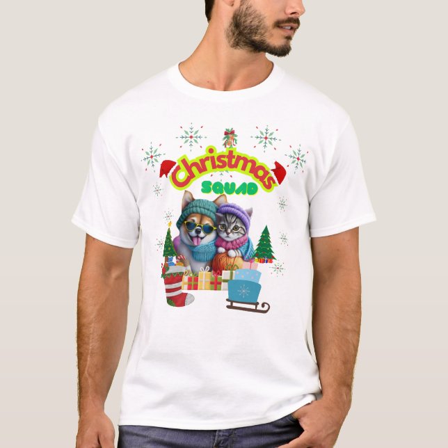 T-shirt Cute dog and cat Christmas squad design  (Devant)